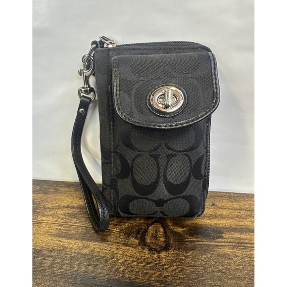Coach Handbags - Coach Signature Logo Canvas Jacquard Wristlet Phone Wallet Turnlock Black Y2K